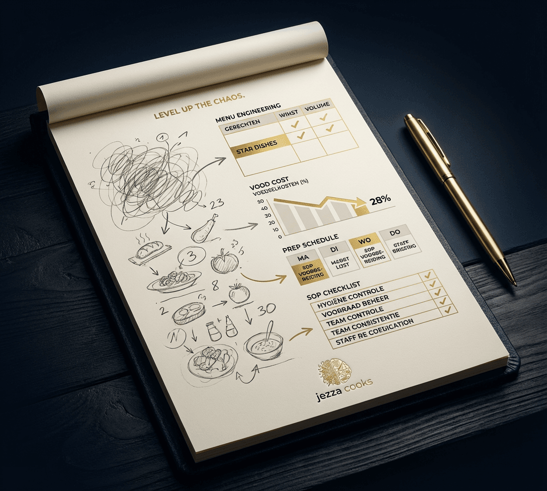 A notepad with charts and notes about restaurant business